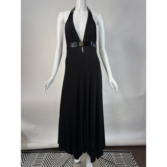 BCBG Max Azria Black Halter Dress W/Beaded Jersey Large Made In China - Picture 13 of 16